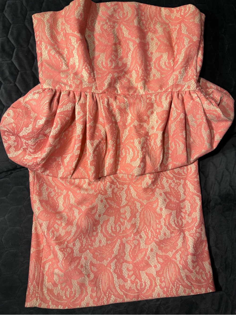 Zara Coral and Cream Strapless Lace Peplum Dress